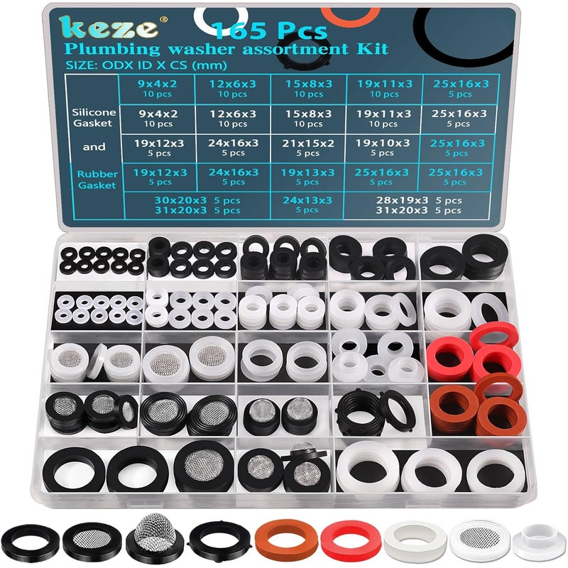 Keze 24 Sizes Plumbing Washers Assorted Kit 165 PCS Garden Hose Washer Rubber Self Locking Tabs & Shower Head Silicone Gasket Seals,Water Hose Washers with Screen Filter for Repair Connection - Image 1